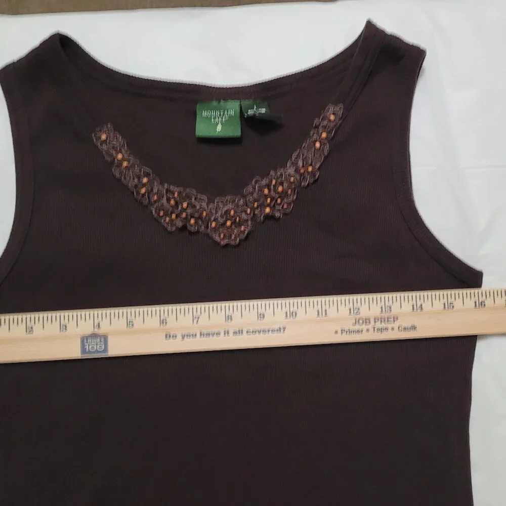Brown Ribbed Tank Top Embellished Mounain Lake Womens Size L - Picture 4 of 11
